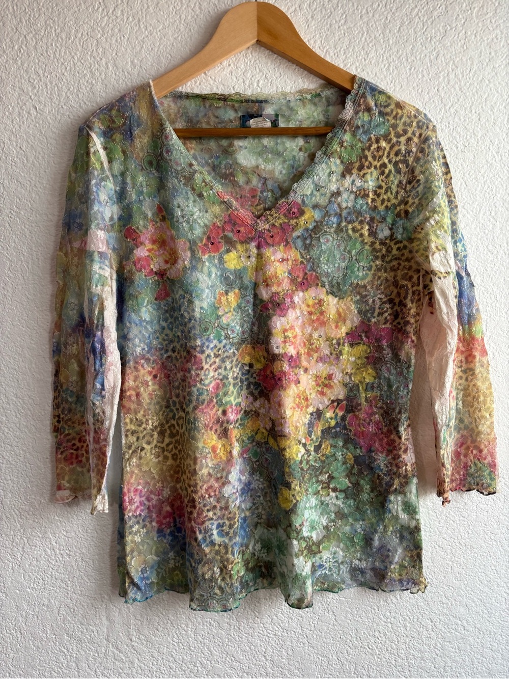 Casual Corner Vintage Y2K Floral Blouse 3/4 Sleeve Womens Large Pastel Sheer